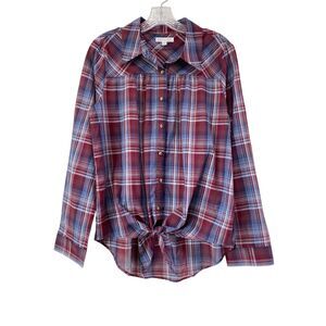 Western Plaid Button Up Top Womens Sz L Tie Hem Long Sleeve Rodeo Festival Boho